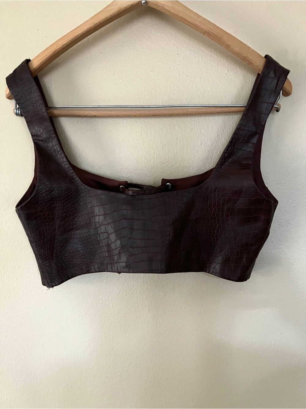 Faux Leather Croc-Embossed Lace-Up Dark Brown Crop Corset Top Size S - Picture 2 of 4
